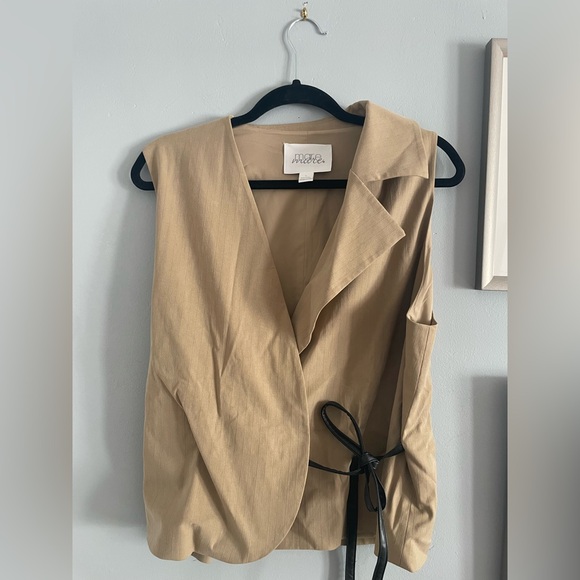 Anthropologie Tan Wrap Blouse with Black Tie, Size Large - Picture 2 of 8